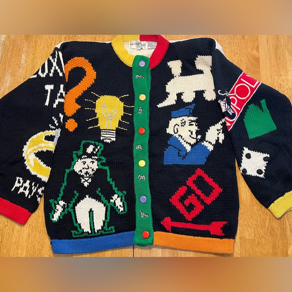 Vintage 1990s Eagles Eye Monopoly Game Cardigan Sweater